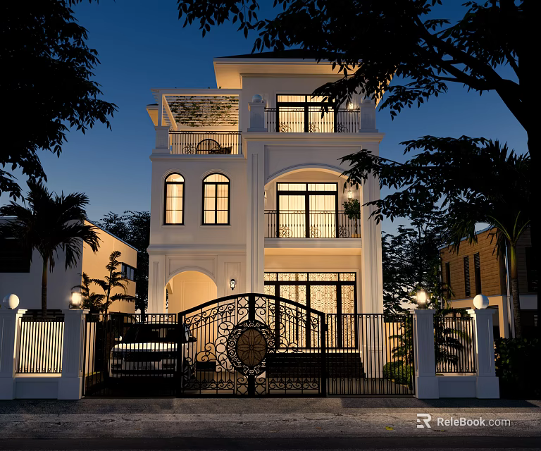 Elegant Modern Detached Villa Exterior With Illuminated Iron Gate Garden And Palm Trees 3d model 