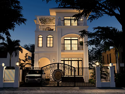 Elegant Modern Detached Villa Exterior With Illuminated Iron Gate Garden And Palm Trees 3d model