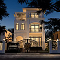 Elegant Modern Detached Villa Exterior With Illuminated Iron Gate Garden And Palm Trees