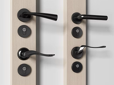 Modern Black Metal Door Handles Installed On Wooden Door Panels For Home Decor 3d model