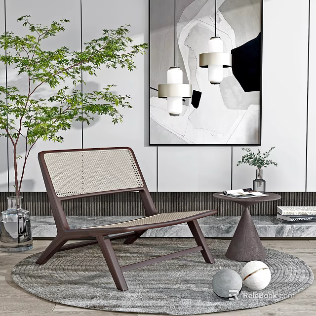 Modern Single Chair In Minimalist Room With Side Table And Plant 3d model 