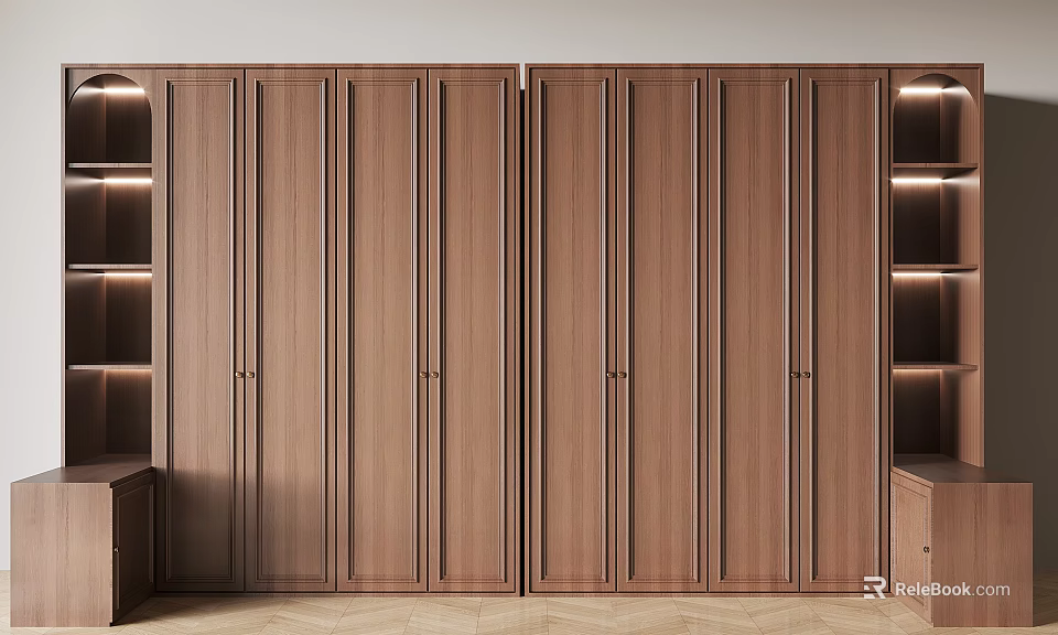 Modern Wooden Wardrobe With Symmetric Design Open Shelves And Natural Wood Tone 3d model 