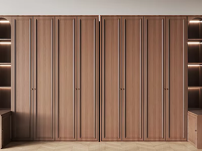 Modern Wooden Wardrobe With Symmetric Design Open Shelves And Natural Wood Tone 3d model