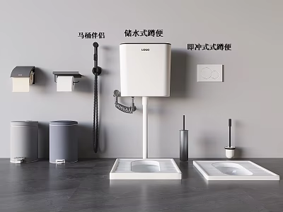 Bathroom Accessories With Squat Toilets Trash Cans And Brushes 3d model