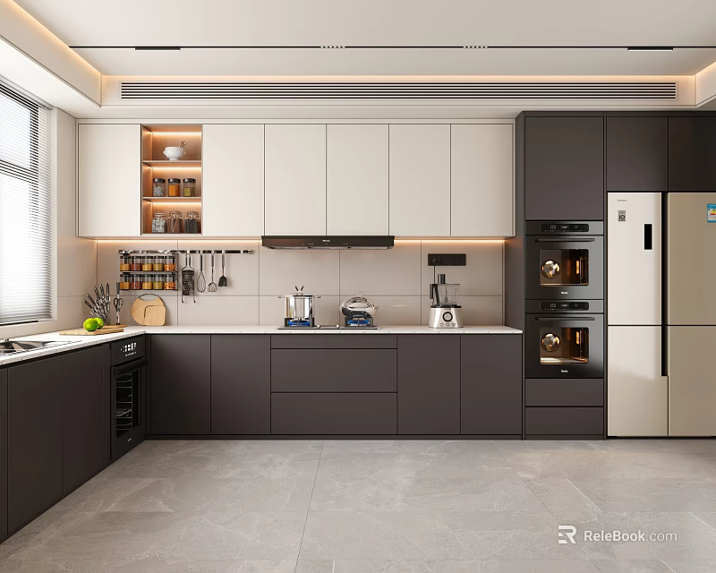 Modern Kitchen Interior With White And Dark Gray Cabinets Oven Refrigerator Countertop And Window 3d model 