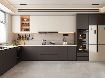 Modern Kitchen Interior With White And Dark Gray Cabinets Oven Refrigerator Countertop And Window 3d model