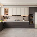 Modern Kitchen Interior With White And Dark Gray Cabinets Oven Refrigerator Countertop And Window