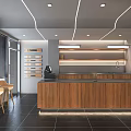 Modern Coffee Shop Interior Design With Wooden Bar Counter Beige Bar Stools And Blackboard Menu