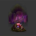 Enchanted Tree Structure With Purple Hanging Vines Colorful Stones And Mossy Base