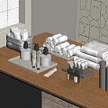 Daily Washing Essentials Display On Wooden Table With Towels Care Bottles Toothpaste And Toothbrush Holder