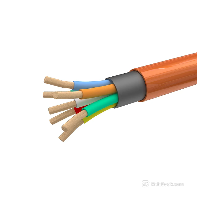 Electrical Cable Exposed with Multicolored Wires Orange Sheath and Insulation 3d model 