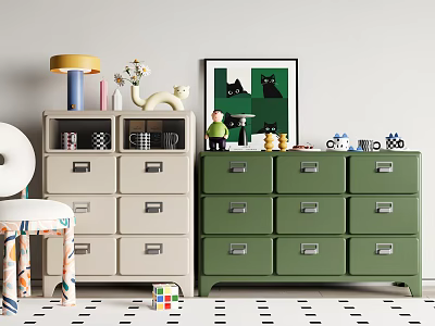 Gray Entryway Cabinet And Green Side Cabinet With Decorative Lamp Figurines And Vases 3d model