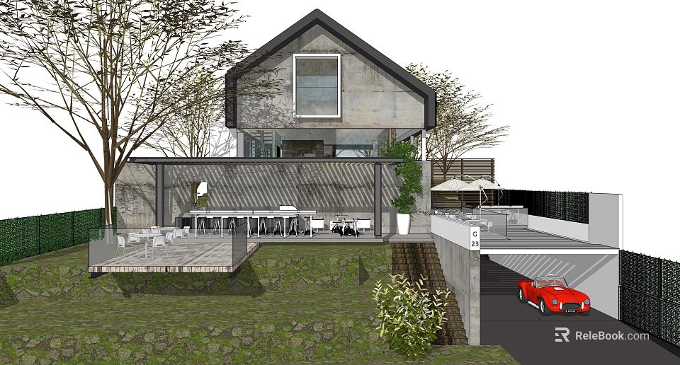 Modern Guesthouse Building With Large Windows Outdoor Terrace Surrounding Greenery And Parking Area 3d model 