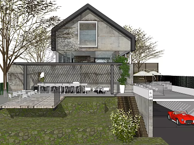 Modern Guesthouse Building With Large Windows Outdoor Terrace Surrounding Greenery And Parking Area 3d model