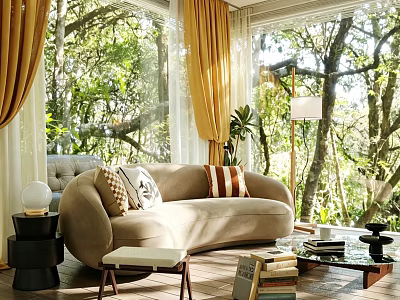 Sunny Living Room With Beige Sofa Decorative Pillows Yellow Curtains Large Windows And Forest View 3d model