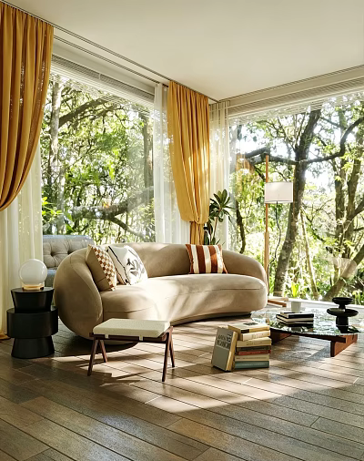 Sunny Living Room With Beige Sofa Decorative Pillows Yellow Curtains Large Windows And Forest View 3d model