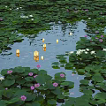 Lush Shrubbery Framing Pond With Lily Pads Pink White Lotus And Floating Lanterns