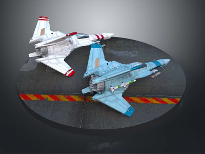 Two Model Fighter Jets On Circular Platform With Yellow Red Striped Edge 3d model