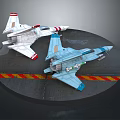 Two Model Fighter Jets On Circular Platform With Yellow Red Striped Edge 3d model