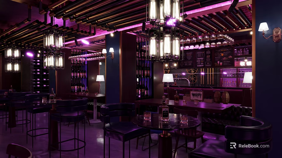 Stylish Bar Interior Design With Purple Lighting Chandeliers Wine Racks And Furniture 3d model 