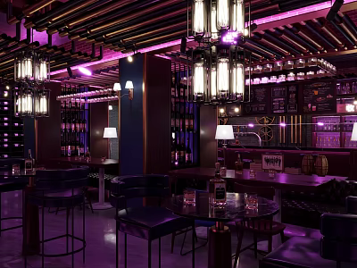 Stylish Bar Interior Design With Purple Lighting Chandeliers Wine Racks And Furniture 3d model