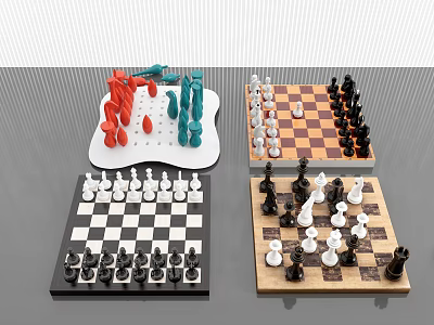 Chess Entertainment with Multiple Chessboards and Various Wooden Chess Pieces Arrangement 3d model