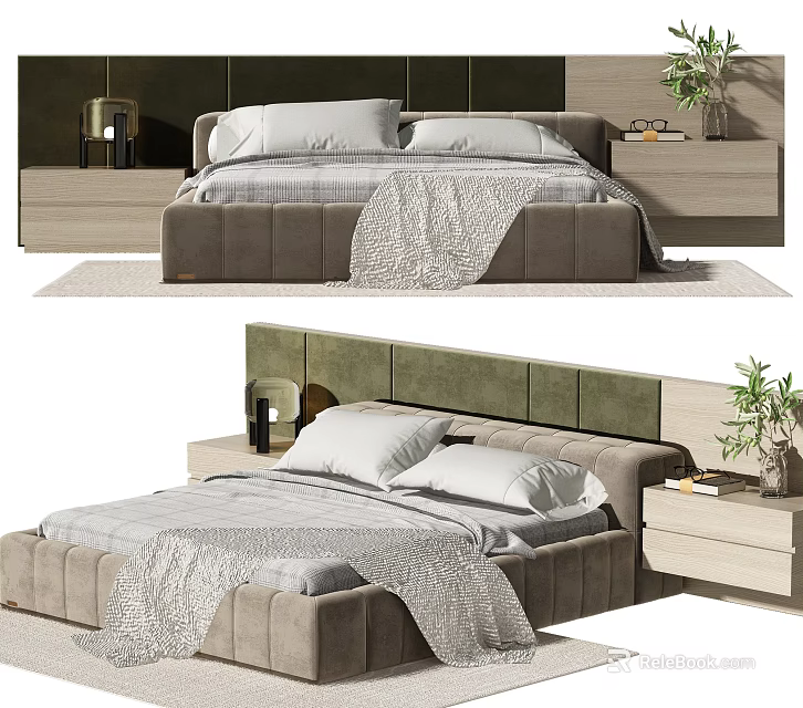 Modern Double Bed Interior With Green Headboard Nightstand Table Lamp And Cozy Bedding 3d model 
