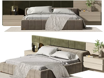 Modern Double Bed Interior With Green Headboard Nightstand Table Lamp And Cozy Bedding 3d model