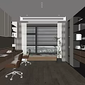Modern Study Room Interior With Desk Chair Window Blinds Bookshelf And Plant