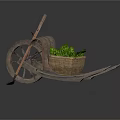 Vintage Wooden Wheelbarrow With Fresh Vegetables In Wicker Basket And Garden Hoe