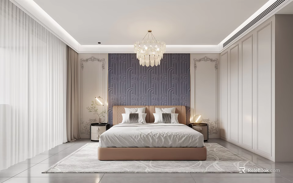 Elegant Bedroom Interior Design With Geometric Pattern Wall Chandelier And Bedside Lamps 3d model 