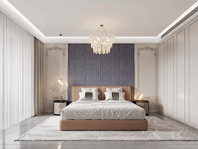 Elegant Bedroom Interior Design With Geometric Pattern Wall Chandelier And Bedside Lamps 3d model
