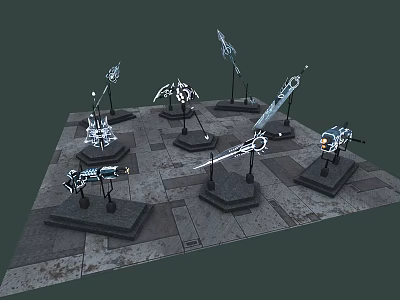 Modern Metallic Weapons Display Swords And Guns On Black Stands With Futuristic Design 3d model