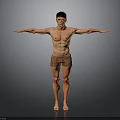 Shirtless Man Standing With Arms Outstretched In Brown Shorts On Grey Background