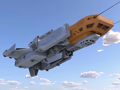 Futuristic Gray And Orange Mechanical Flying Vehicle With Thrusters In Blue Sky And White Clouds 3d model