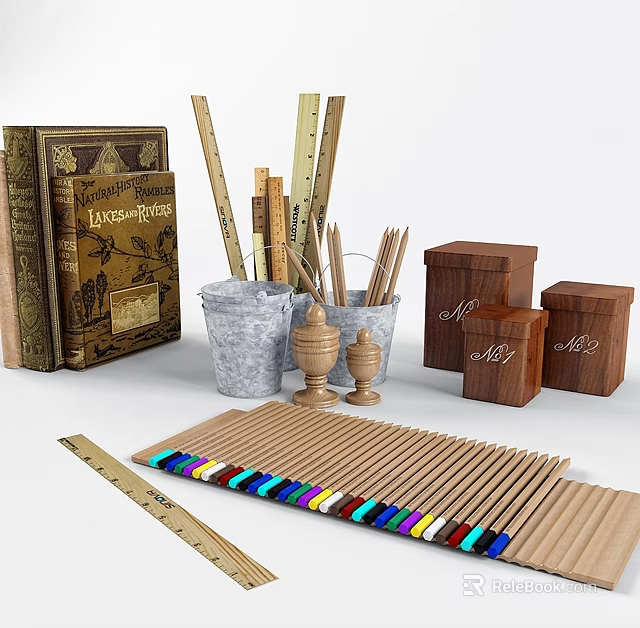 Colorful Wooden Pencils with Multicolored Caps Alongside Vintage Books Wooden Boxes and Ruler 3d model 