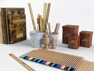 Colorful Wooden Pencils with Multicolored Caps Alongside Vintage Books Wooden Boxes and Ruler 3d model