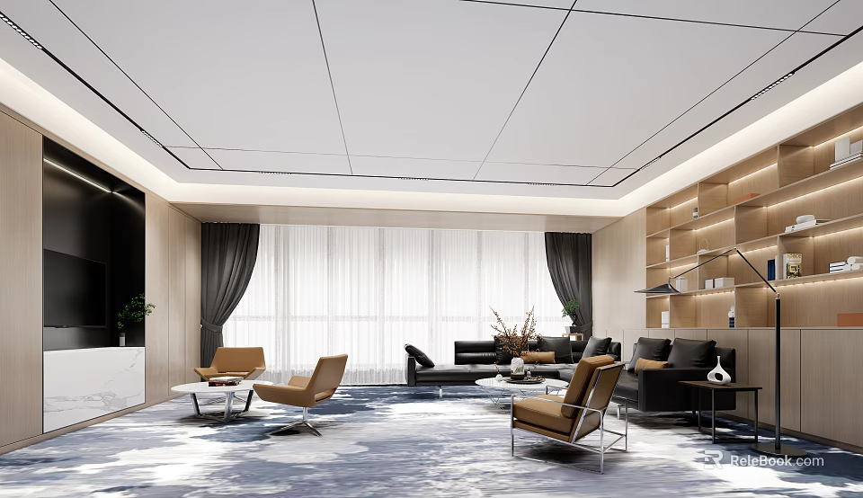 Modern Lounge Area With Sofas Armchairs Large Windows And Bookshelves 3d model