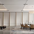 Modern Elegant Private Dining Room With Round Table Beige Chairs Chandelier And Area Rug