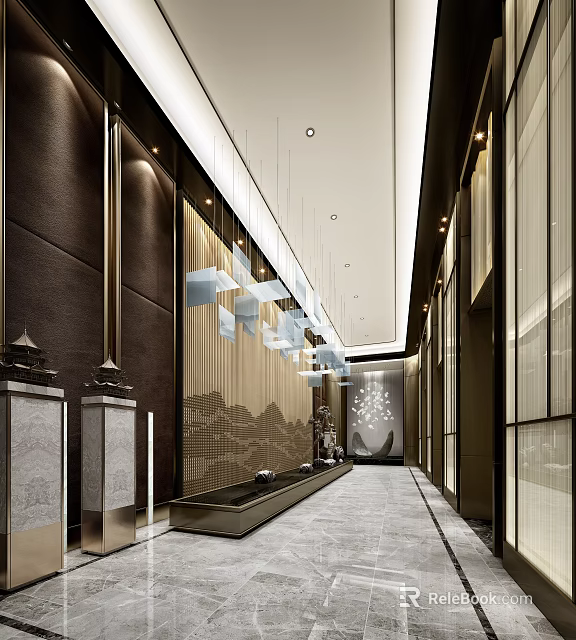 Hotel Corridor Modern Interior Design With Stylish Pendant Lights And Decorative Walls 3d model 