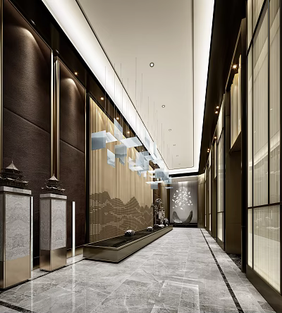 Hotel Corridor Modern Interior Design With Stylish Pendant Lights And Decorative Walls 3d model