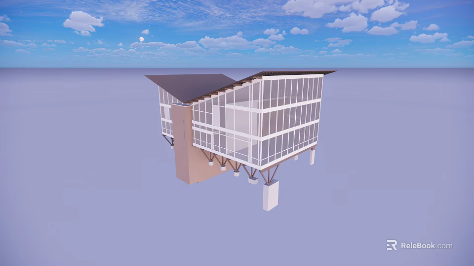 Modern Single Family Villa With Large Glass Windows Sloped Roof And Cantilevered Design 3d model 
