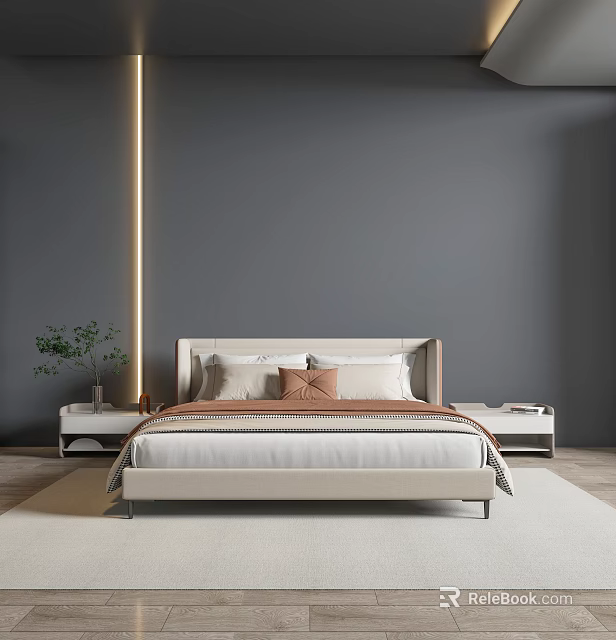 Modern Bedroom With Gray Wall Golden Light Strip Light Colored Bed Pillows And Green Plant 3d model 