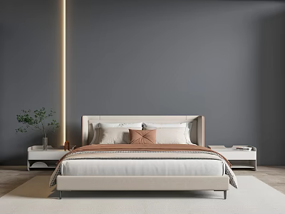 Modern Bedroom With Gray Wall Golden Light Strip Light Colored Bed Pillows And Green Plant 3d model