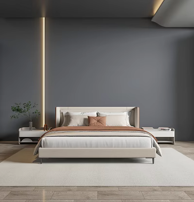 Modern Bedroom With Gray Wall Golden Light Strip Light Colored Bed Pillows And Green Plant 3d model