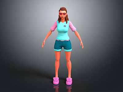 3D Game Movie Character Wearing Blue Top Pink Sleeves Brown Hair Glasses And Pink Slippers 3d model