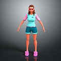 3D Game Movie Character Wearing Blue Top Pink Sleeves Brown Hair Glasses And Pink Slippers