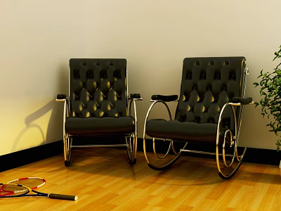Stylish Black Leisure Rocking Chairs With Tufted Design And Metal Armrests On Wooden Floor 3d model