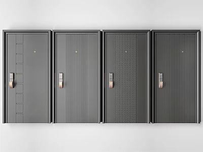 Four Black Security Doors With Diverse Textures And Metal Handles In Row 3d model