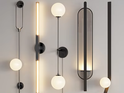 Modern Illuminated Wall Lamps With Spherical And Elongated Black White Designs 3d model
